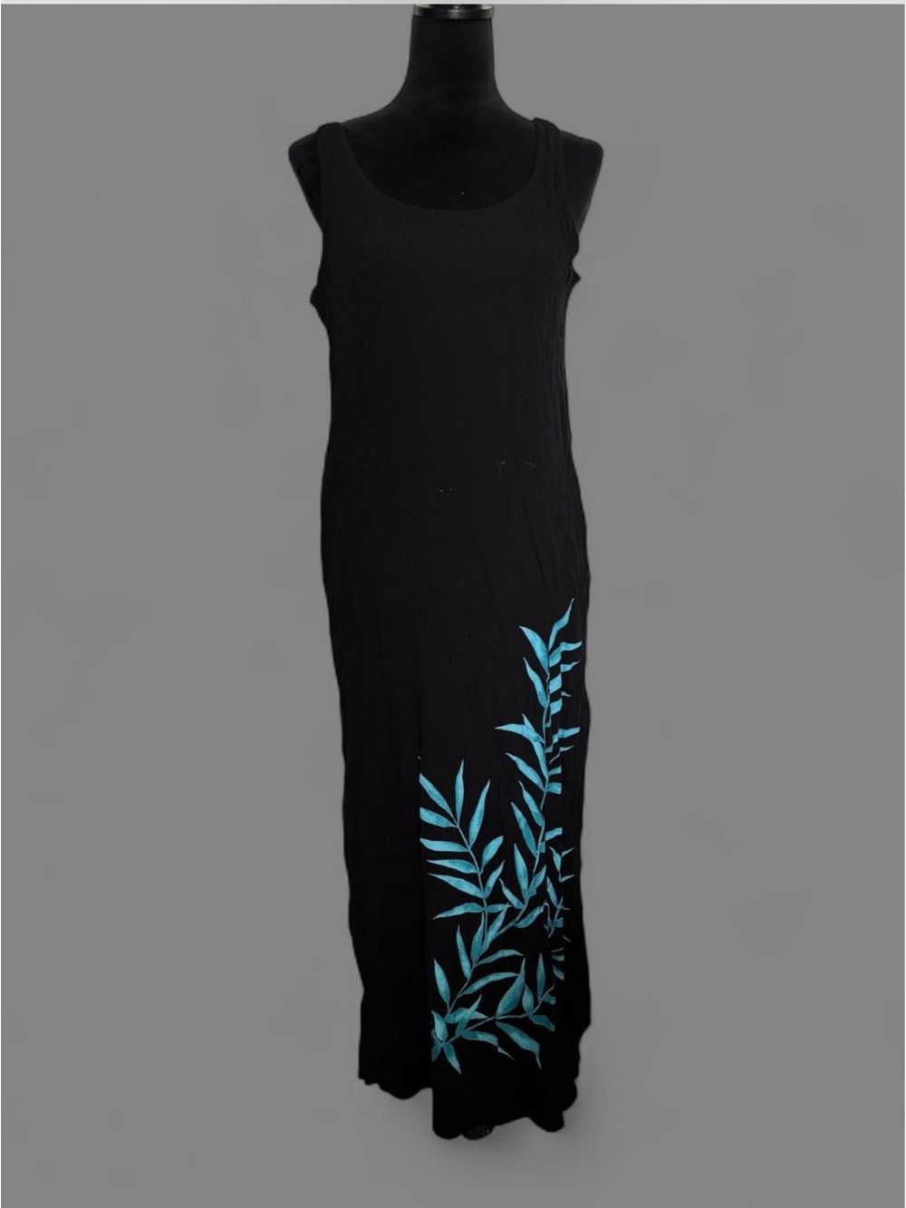 Uniform by John Paul Richard Black Sleeveless Maxi Dress with Teal Leaf Print